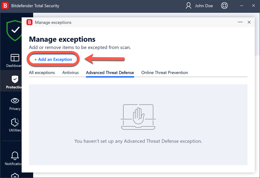 Click Add an Exception to stop Opening Advanced Threat Defense from blocking a process