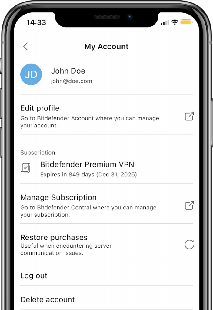 Bitdefender VPN para iOS - conta