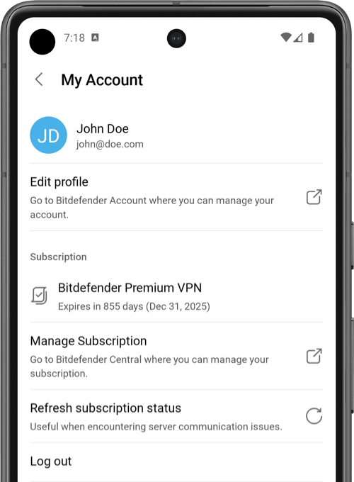 Bitdefender VPN for Android - My Account
