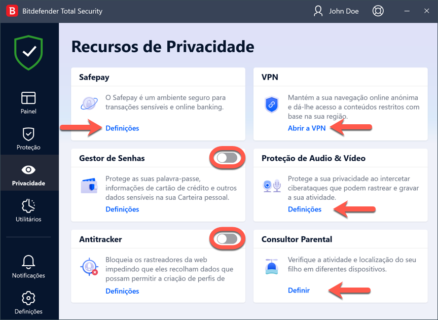 Desactivar o Bitdefender - os módulos de Privacidade