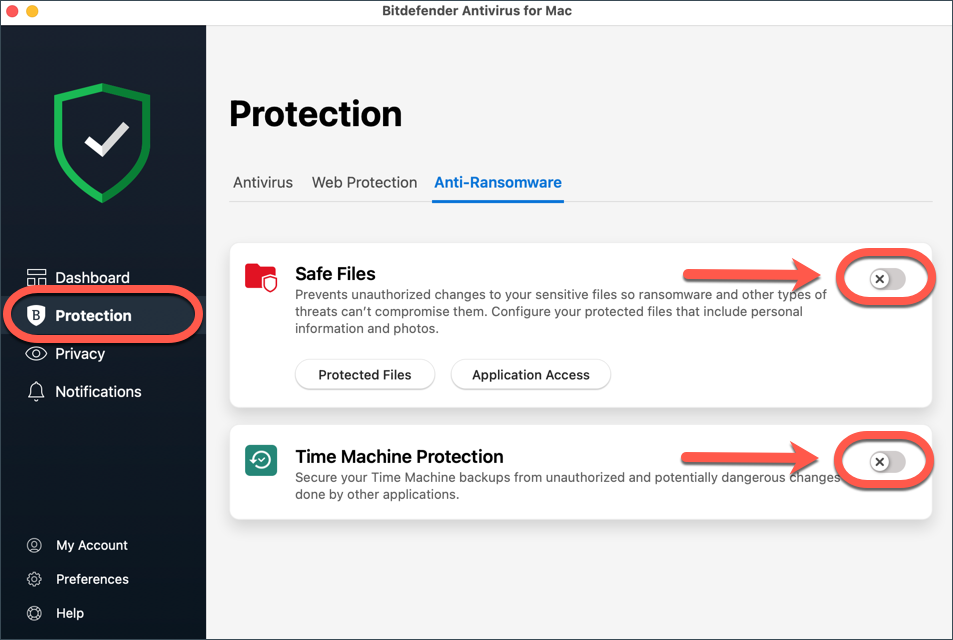 desactivar o Bitdefender Antivirus for Mac - Safe Files