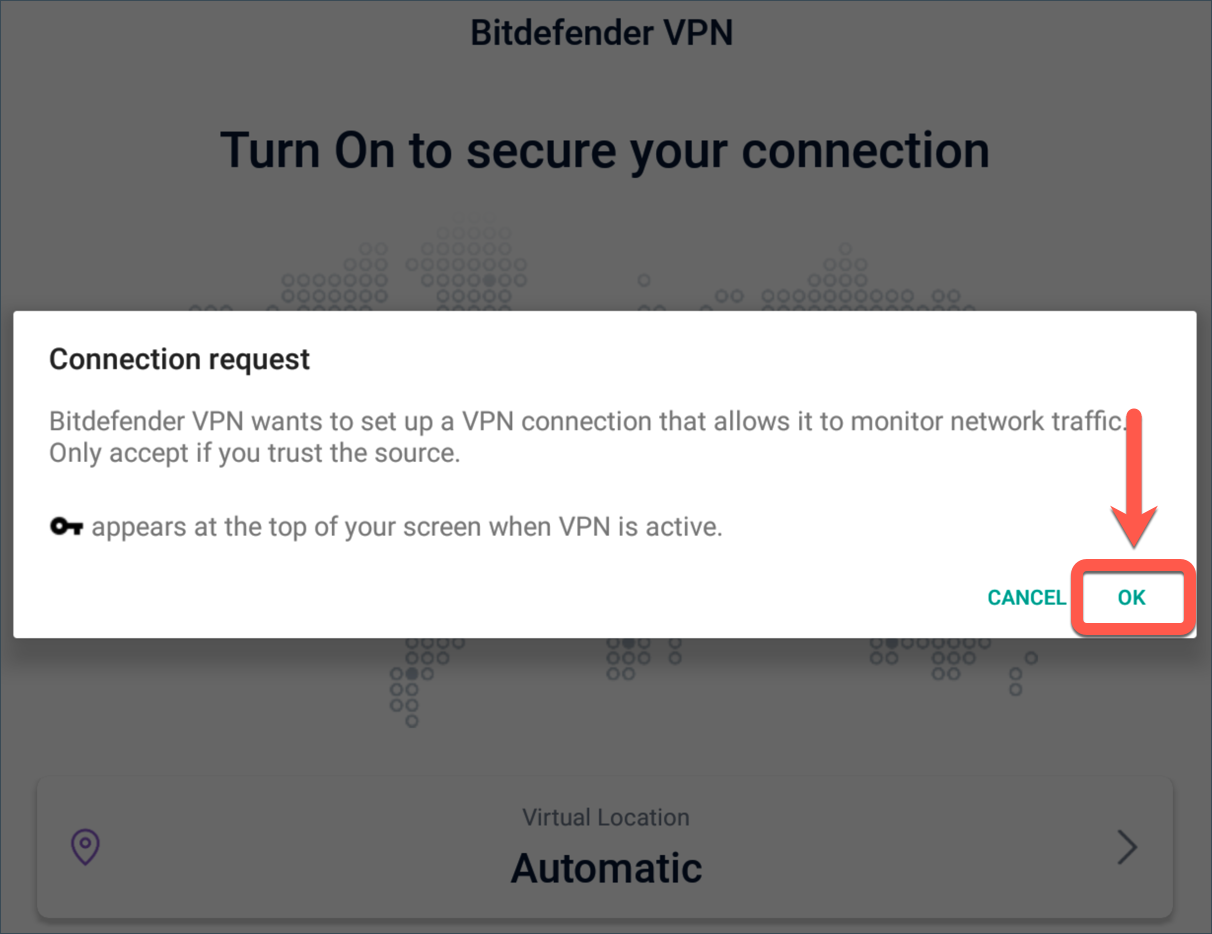 Pedido de conexão - A app Bitdefender VPN não conecta no Android