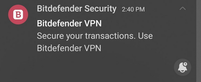 desativar as notificações Bitdefender VPN para transacções no Android
