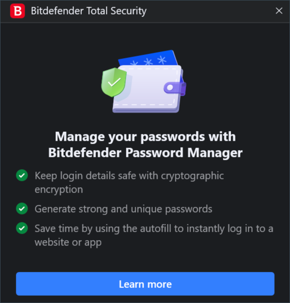 pop-up: Gerir as suas palavras-passe com Bitdefender Password Manager