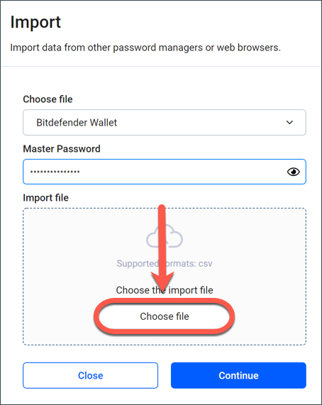 Como transferir a sua Carteira para o Bitdefender Password Manager - Escolher ficheiro