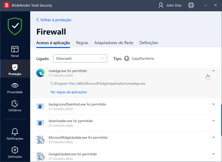 A funcionalidade Firewall da Bitdefender: Acesso à aplicação