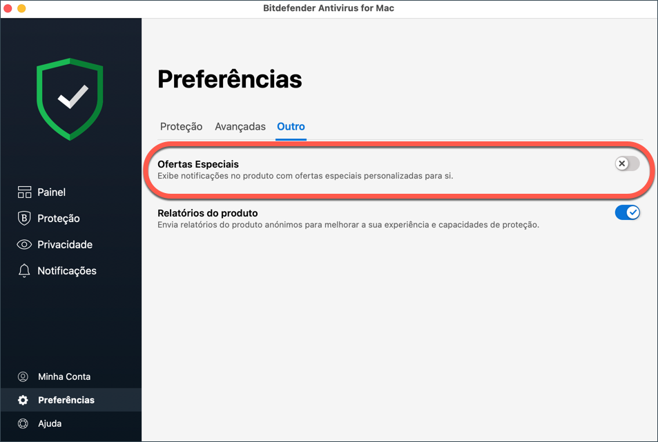 Desactivar mensagens promocionais em Bitdefender para Mac