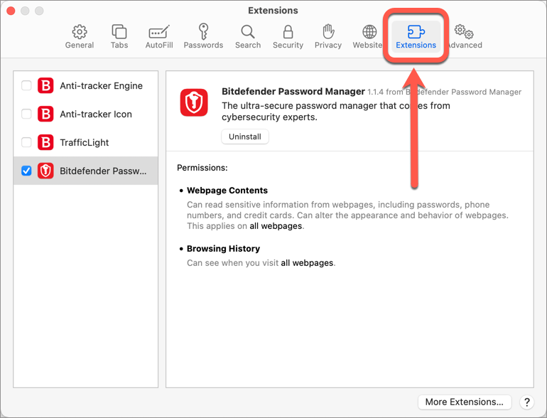 Instalar a extensão Bitdefender Password Manager - Safari